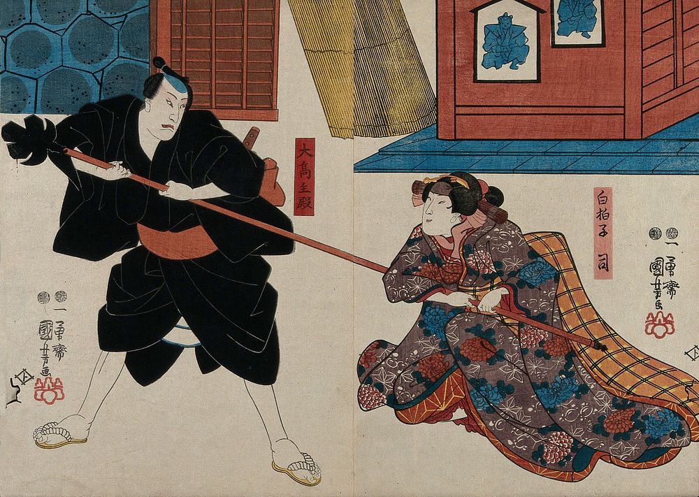 Two actors at a shrine: one as a footman, the other as a girl. Colour woodcut by Kuniyoshi, 1847/1850.