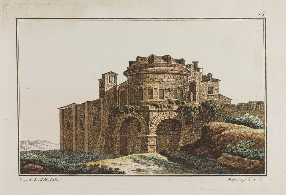 Ravenna: tomb of Theodoric, King of the Ostrogoths. Coloured engraving, ca. 1804-1811.