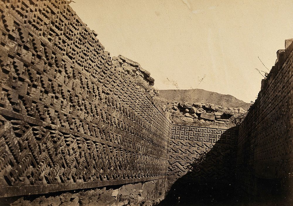 Mexico: the carved walls of an excavated ruin. Photograph by Desiré Charnay, ca. 1858.