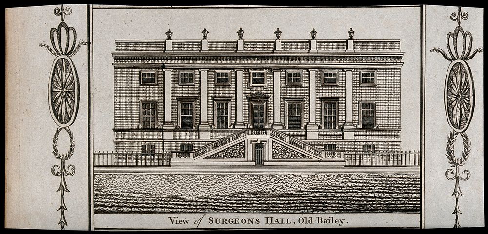 Surgeons' Hall, Old Bailey, London, the facade. Engraving, 1775.