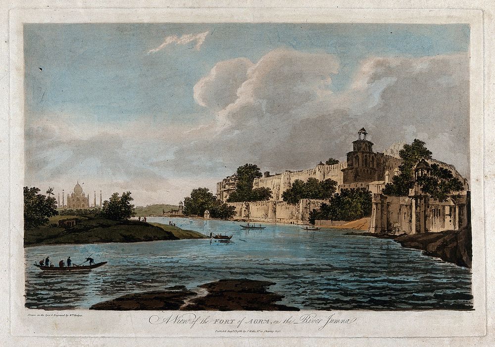 Fort at Agra, seen from the river Yamuna, Uttar Pradesh. Coloured etching by William Hodges, 1786.