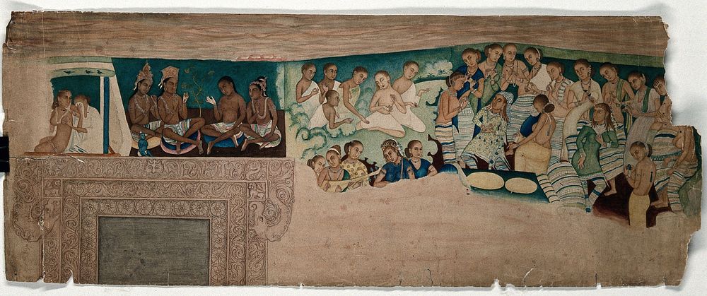 Cave paintings; a group of female musicians and dancers and Buddhist monks  of Indo-African origin. Gouache painting by an…