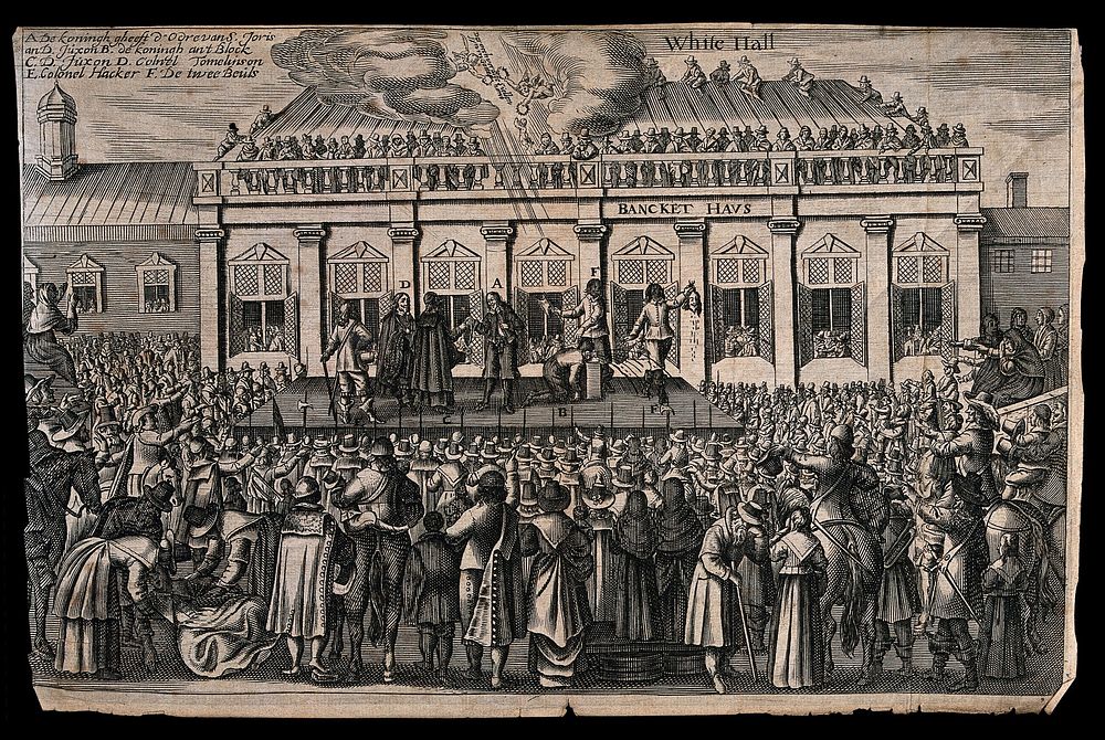 The beheading of Charles I outside the Banqueting Hall of Whitehall in 1649. Engraving with etching.