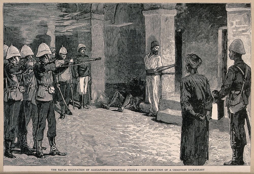 Anglo-Egyptian War, 1882: execution of an arsonist by a British firing squad in Alexandria. Wood engraving after F.…