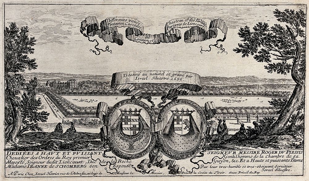 The coats of arms of Roger du Plessis and Jeanne de Schomberg and scrolls before a panorama of Liancourt. Etching by I.…