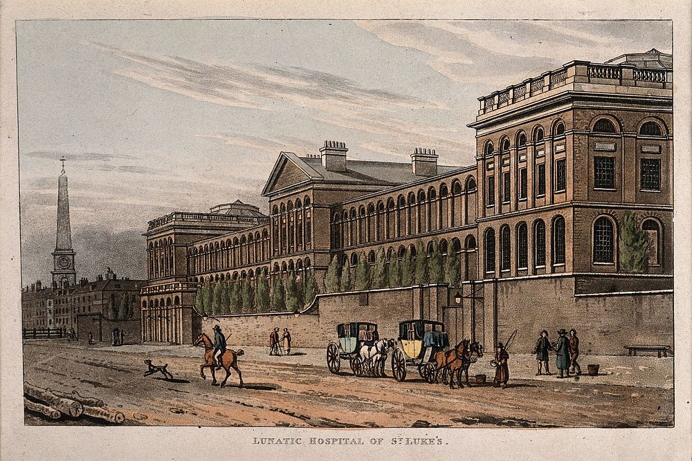 St Luke's Hospital, Cripplegate, London: the facade from the east. Coloured aquatint after T. H. Shepherd, 1815.