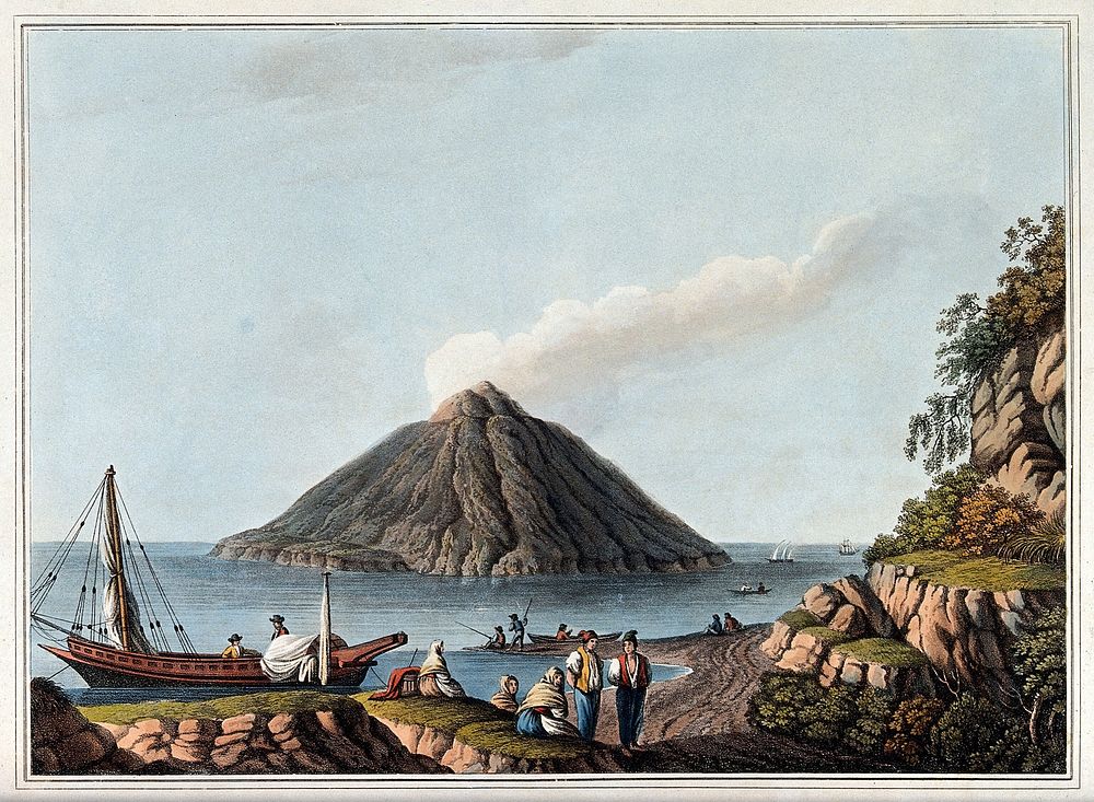 The island of Stromboli. Coloured aquatint, 1809, after Luigi Mayer.