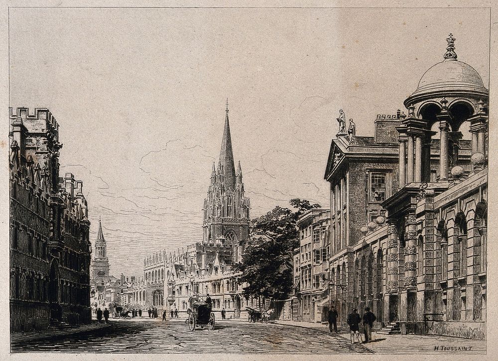 St. Mary's Church, Oxford: from the High Street with Queen's, All Souls and University Colleges, and Carfax Tower. Etching…