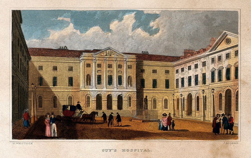 Guy's Hospital, Southwark. Coloured engraving by J. Rogers after N. Whittock.