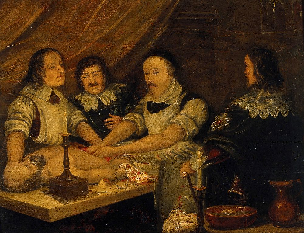 William Harvey dissecting the body of Thomas Parr. Oil painting, ca. 1900.