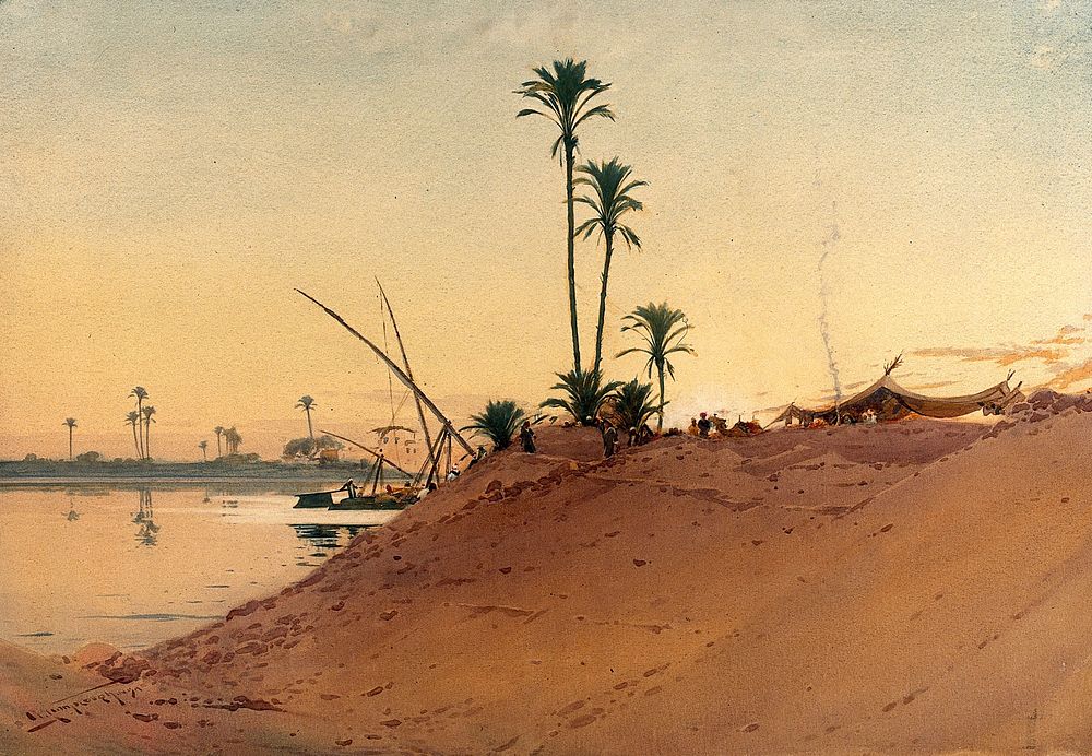 Egypt: banks of the Nile. Watercolour by A.O. Lamplough, 19--.