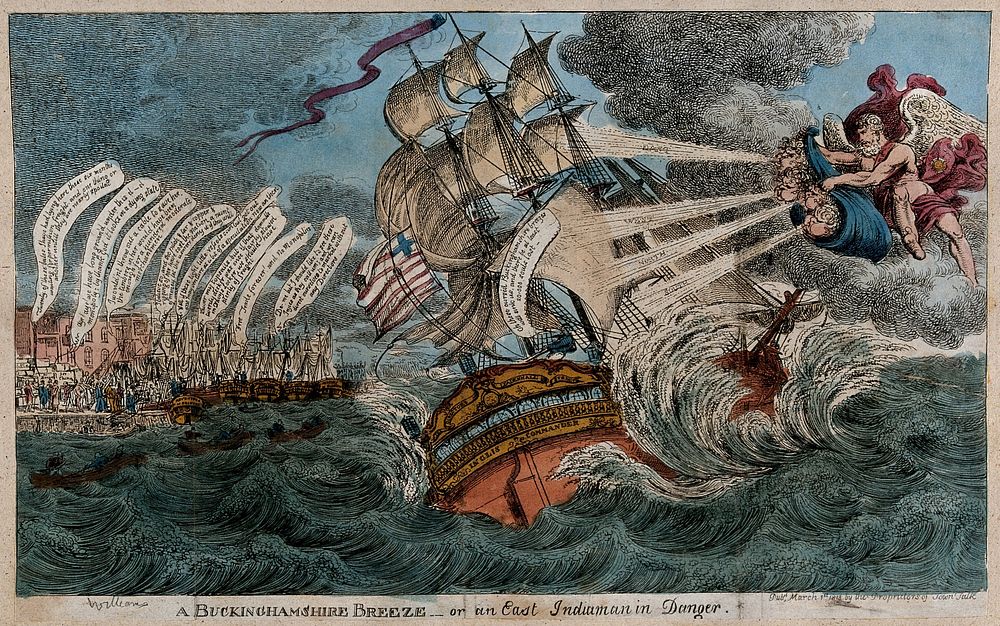 An East Indiaman (ship) buffeted by winds blown by four putti directed by the Earl of Buckinghamshire, President of the…