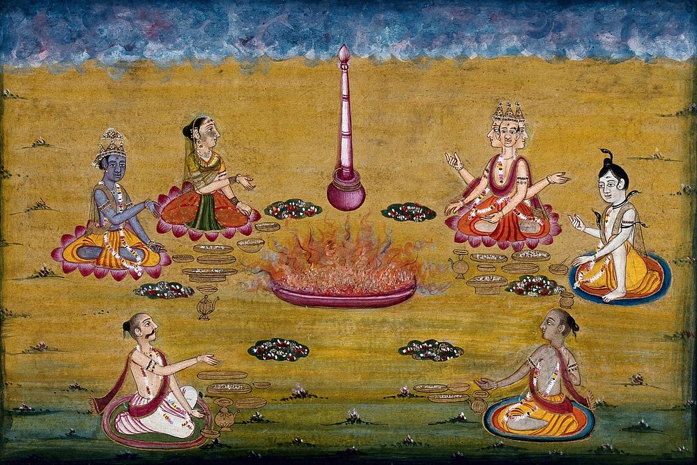 Vishnu, Lakshmi , Brahman, Shiva and two priests perform a yagna, a fire sacrifice, an old vedic ritual where offerings are…