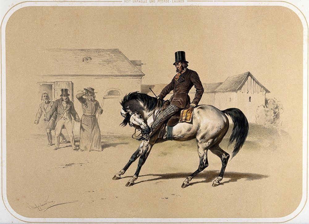 A horse bites the shin of its grimacing rider, in a stable-yard; the stable owner  and two other men look on in horror.…