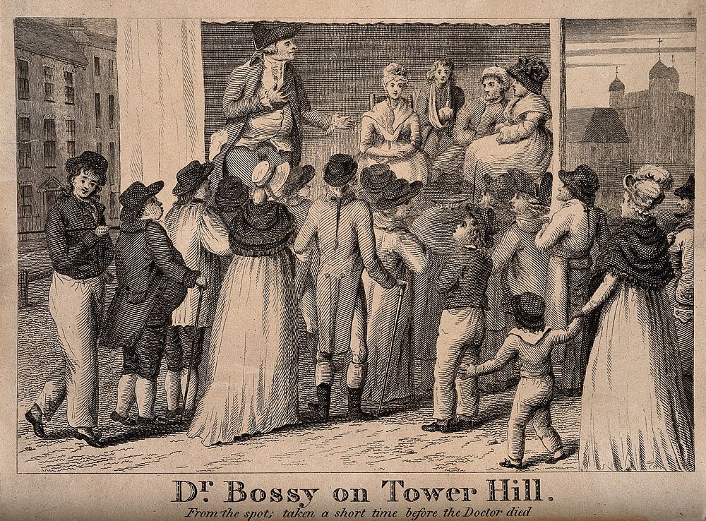 Doctor Bossy, an infamous medicine vendor performing on stage to a crowd at Tower Hill in an attempt to sell his wares.…