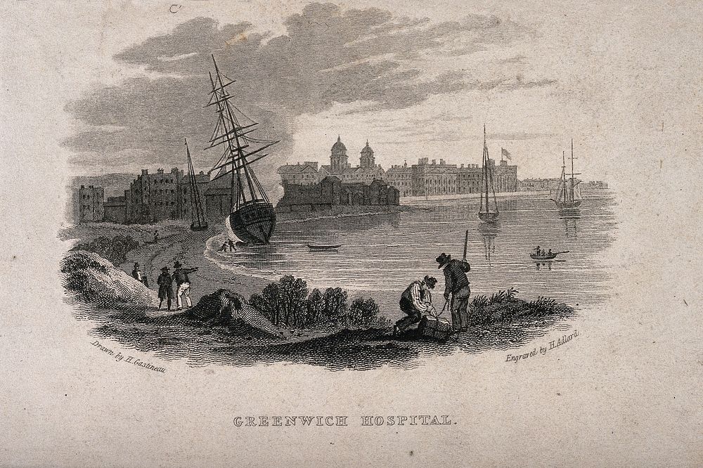 Royal Naval Hospital Greenwich, viewed from afar with two men opening a bundle on the riverbank in the foreground. Engraving…