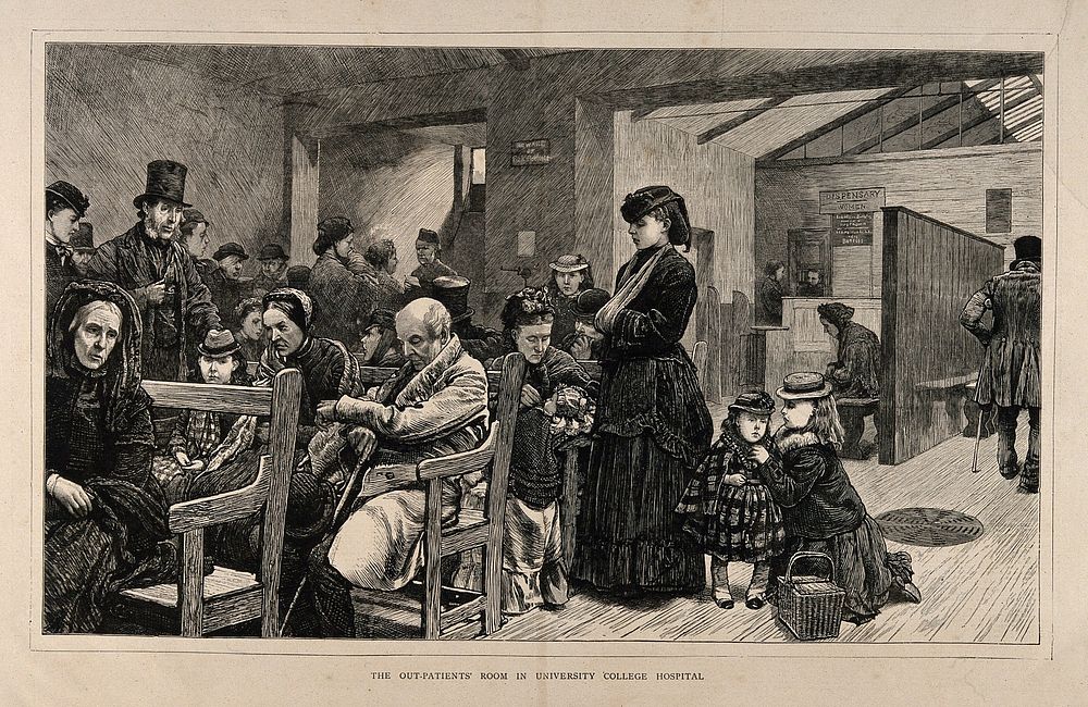 University College Hospital, London: the outpatients' waiting room and dispensary. Wood engraving, 1872.