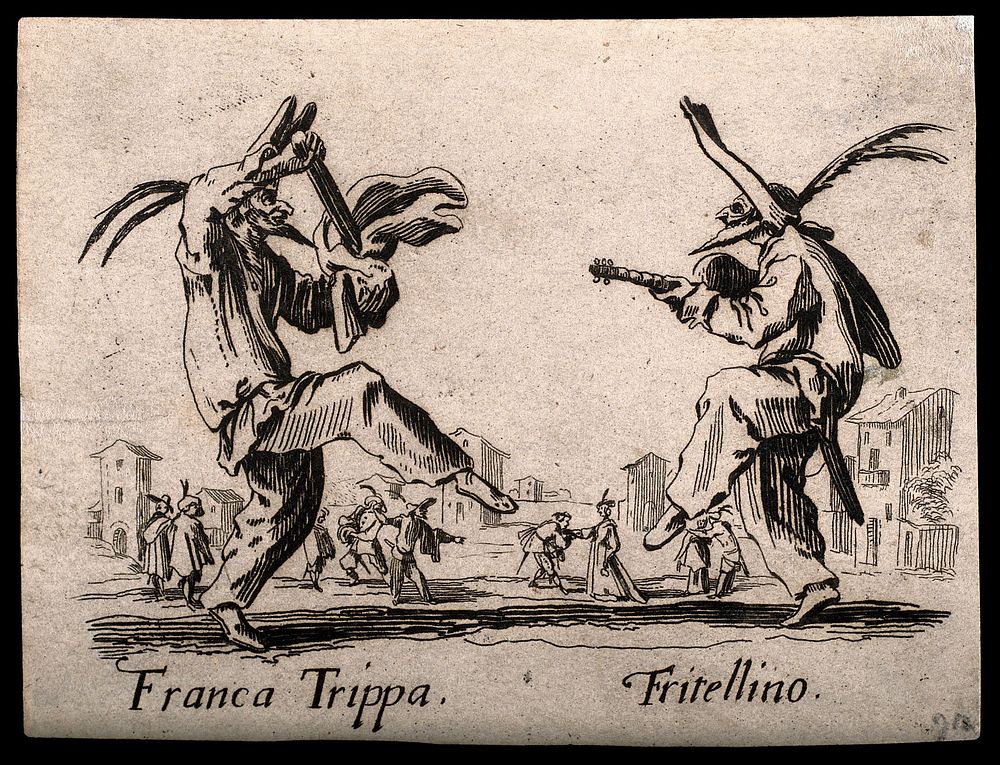 Two Commedia dell'arte street musicians performing together. Etching by J. Callot.