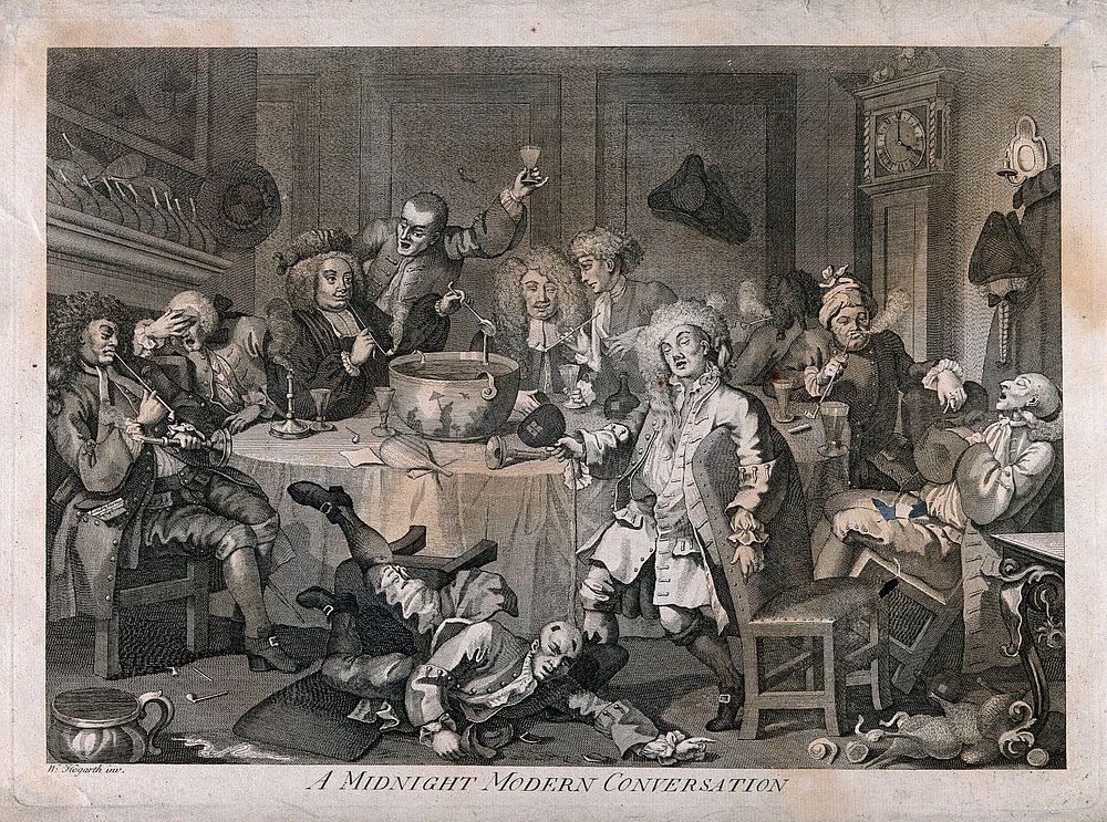 A drunken party with men smoking, sleeping and falling to the floor. Engraving after W. Hogarth.