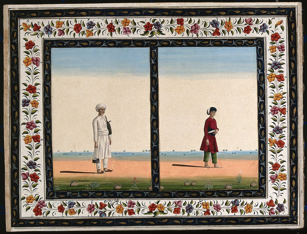 Two Indian men, one carrying a brazier, the other in a red tunic. Gouache painting by an Indian artist.