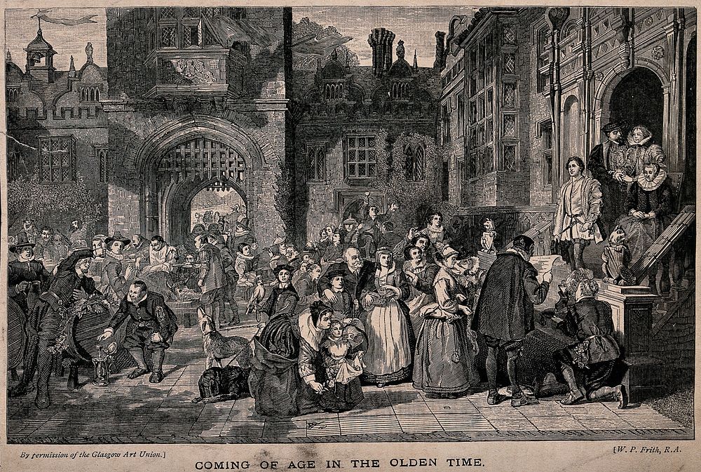 A gathering and celebration to mark a young man's coming of age. Wood engraving after W.P. Frith, R.A.
