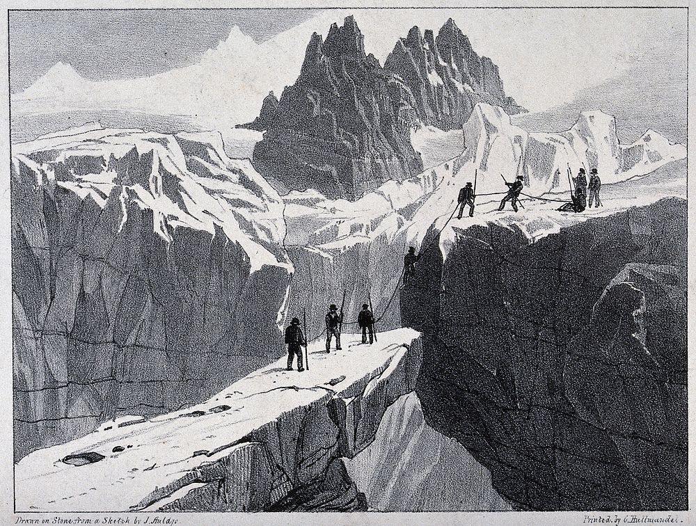 The ascent of Mont Blanc by John Auldjo's party in 1827: mountaineers scaling a wall of ice above a precipice. Lithograph…