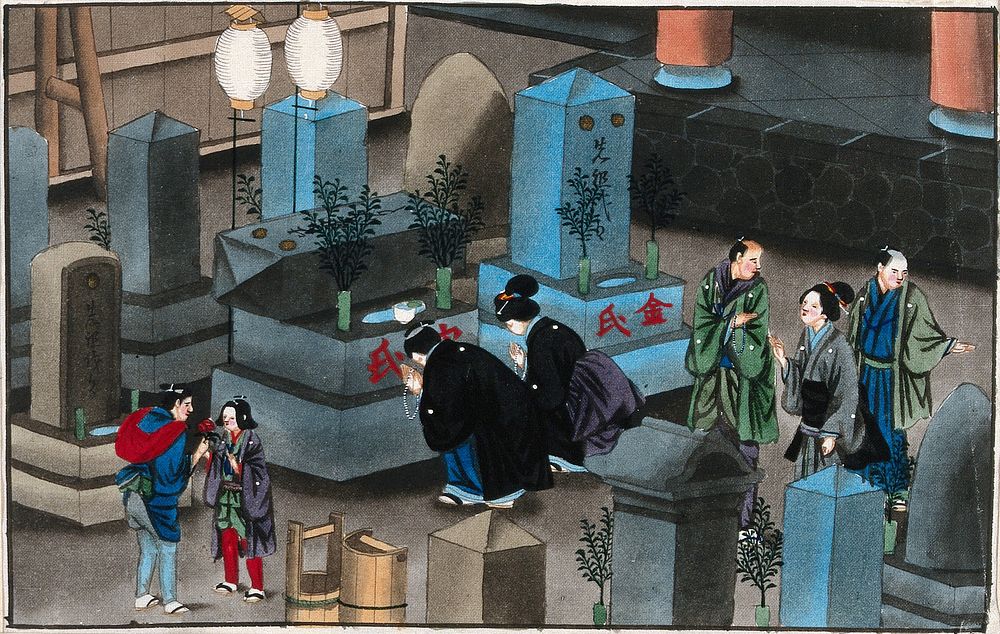 Japanese funeral customs: relatives pay their respects at the ancestral grave. Watercolour, ca. 1880 .
