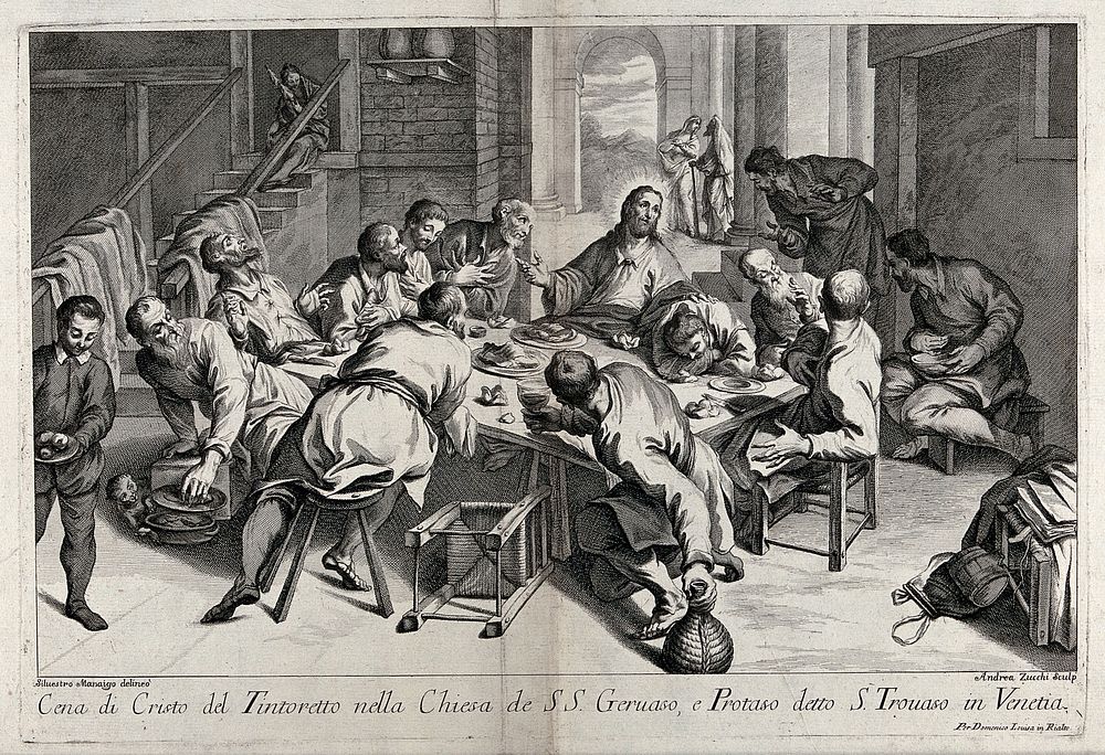Christ and the apostles share their last supper. Etching by A. Zucchi after S. Manaigo after G. Robusti, il Tintoretto.