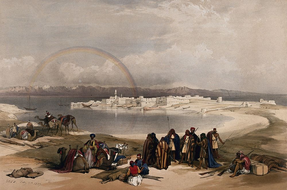 Suez, with figures, camels and a rainbow. Coloured lithograph by Louis Haghe after David Roberts, 1849.