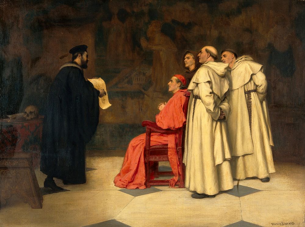 "Gabriel Falloppius [Fallopius] explaining one of his discoveries to the Cardinal Duke of Ferrara". Oil painting by Francis…