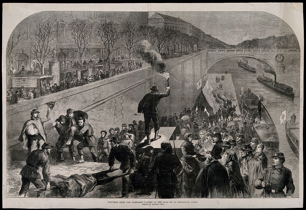 Franco-Prussian War: wounded brought to Paris by canal boats. Wood engraving, 1871.