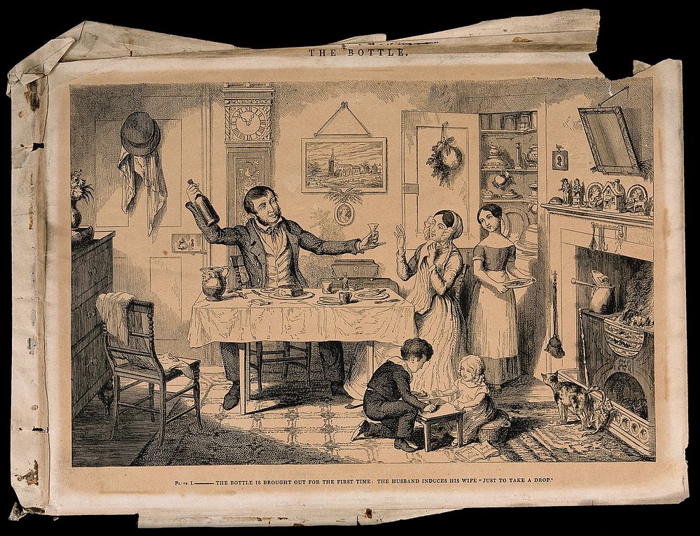 A man sits at home with his family and offers his wife a drink. Etching by G. Cruikshank, 1847, after himself.