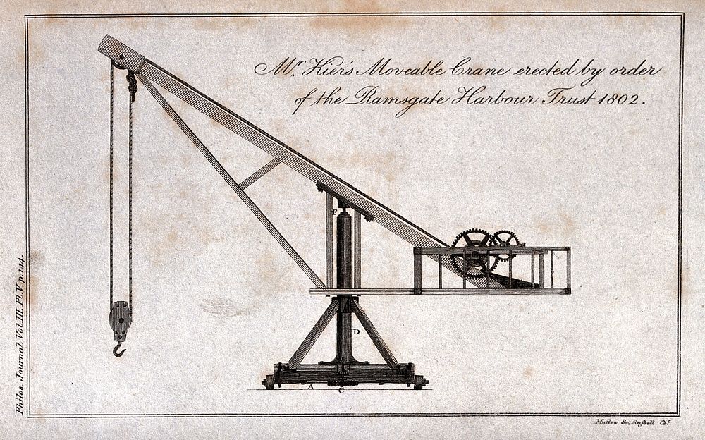 Civil engineering: a moveable crane at Ramsgate Harbour, Kent, seen in side elevation. Engraving by Mutlow.