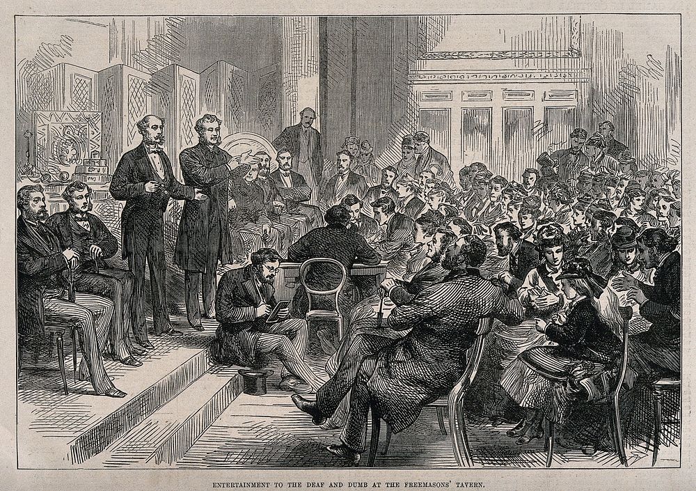 Two men performing a show to an audience at a public house, using sign language. Wood engraving, 1875.