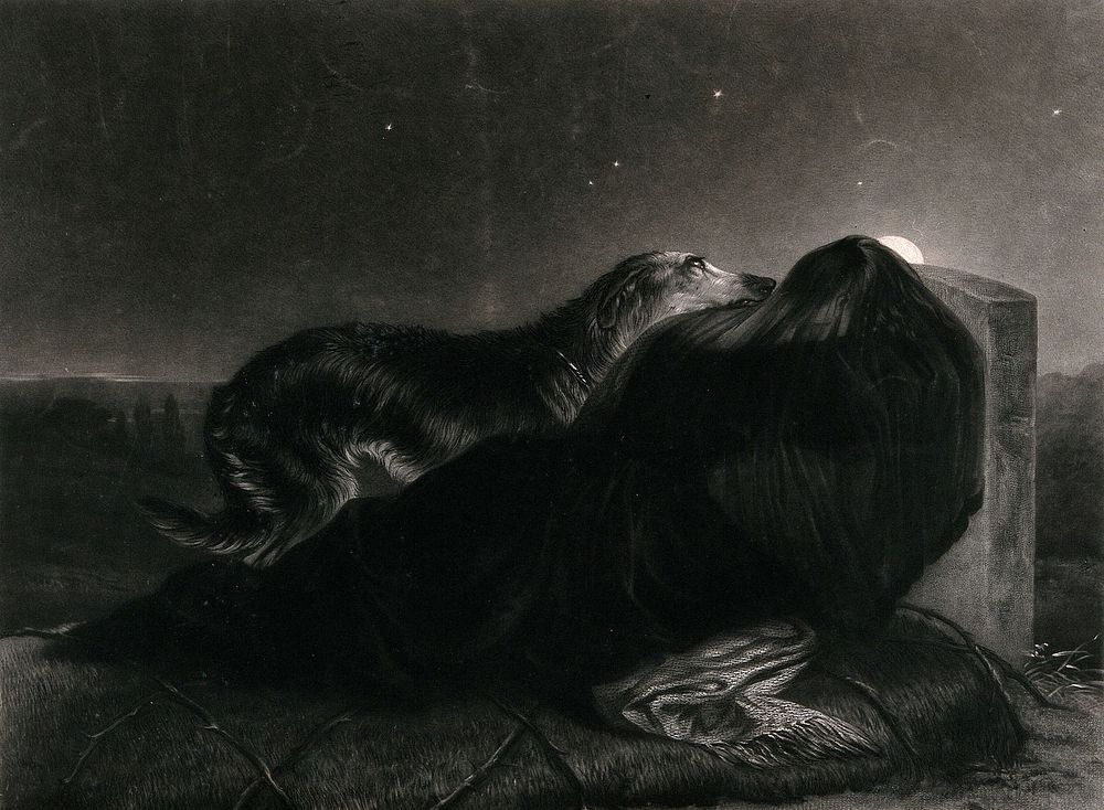 A young woman wearing a veil and black clothing mourning at a tombstone, with her dog attending on her. Mezzotint by H.…