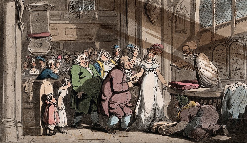 The dance of death: the wedding. Coloured aquatint after T. Rowlandson, 1816.