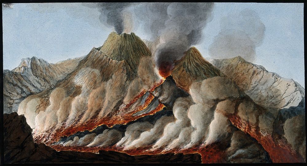Mount Vesuvius: interior of the crater showing the flow of lava in an eruption. Coloured etching by Pietro Fabris, 1776…