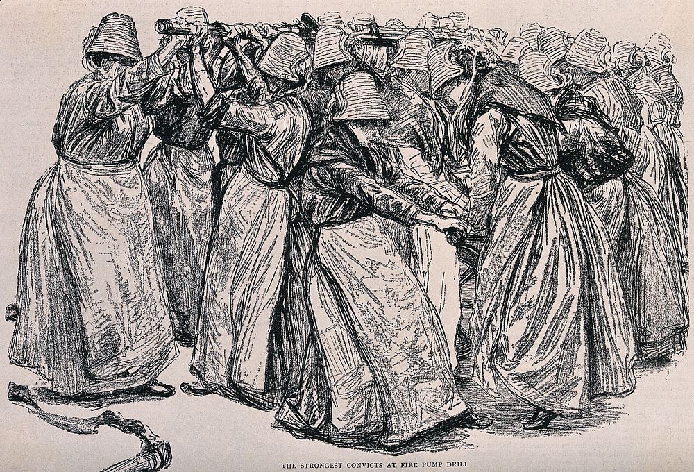 Woking Convict Invalid Prison: women prisoners working the fire pump. Process print after Paul Renouard, 1889.