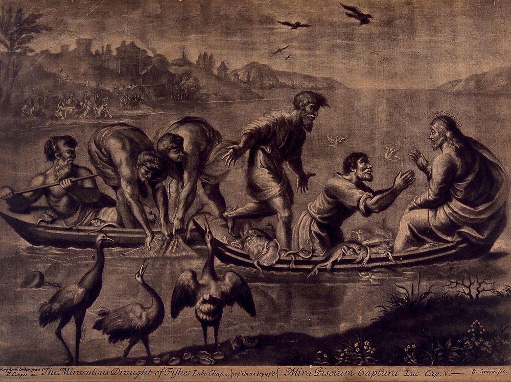 The apostles suddenly receive a miraculous shoal of fishes. Mezzotint by J. Simon after Raphael.