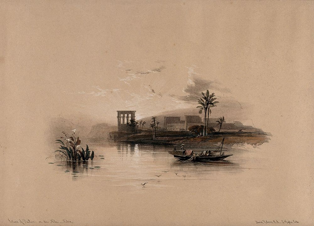 Temple of Philae, seen from the Nile, Egypt. Coloured lithograph by Louis Haghe after David Roberts, 1849.