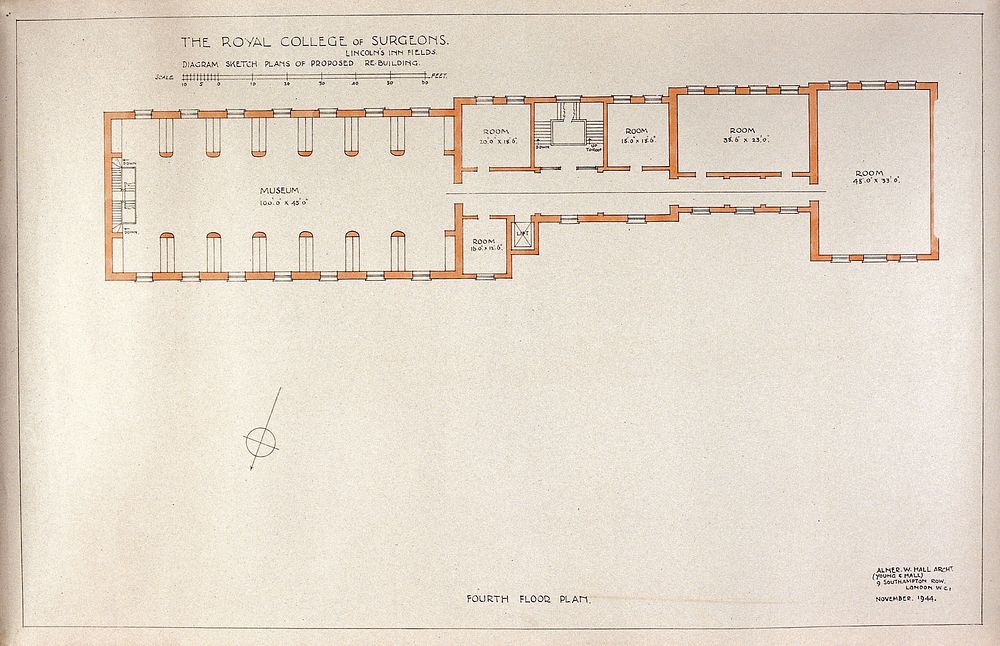 Proposed rebuilding of the Royal College of Surgeons of England: plan of fourth floor. Watercolour by Alner W. Hall (Alner &…
