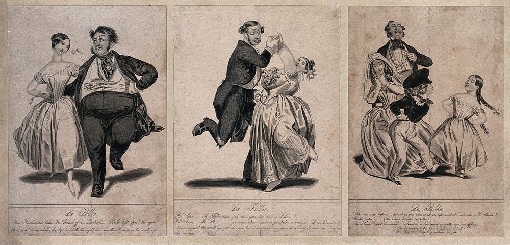 Two couples are dancing the polka and two children are following the same steps watched by their elders. Engraving, 184-.