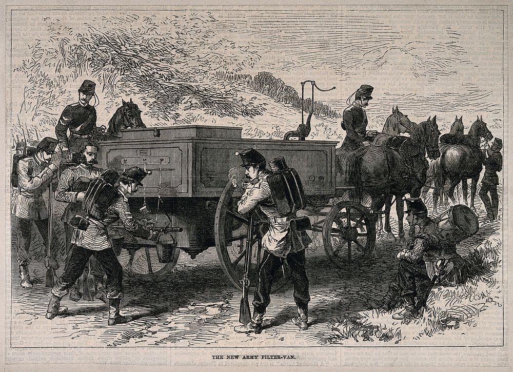 Franco-Prussian War: soldiers using the new army filter-van. Wood engraving.