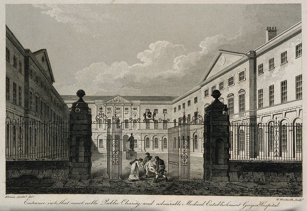 Robert John Thornton, and the entrance to Guy's Hospital. Stipple engraving by F. Bartolozzi, 1799, after J. Russell, and W.…