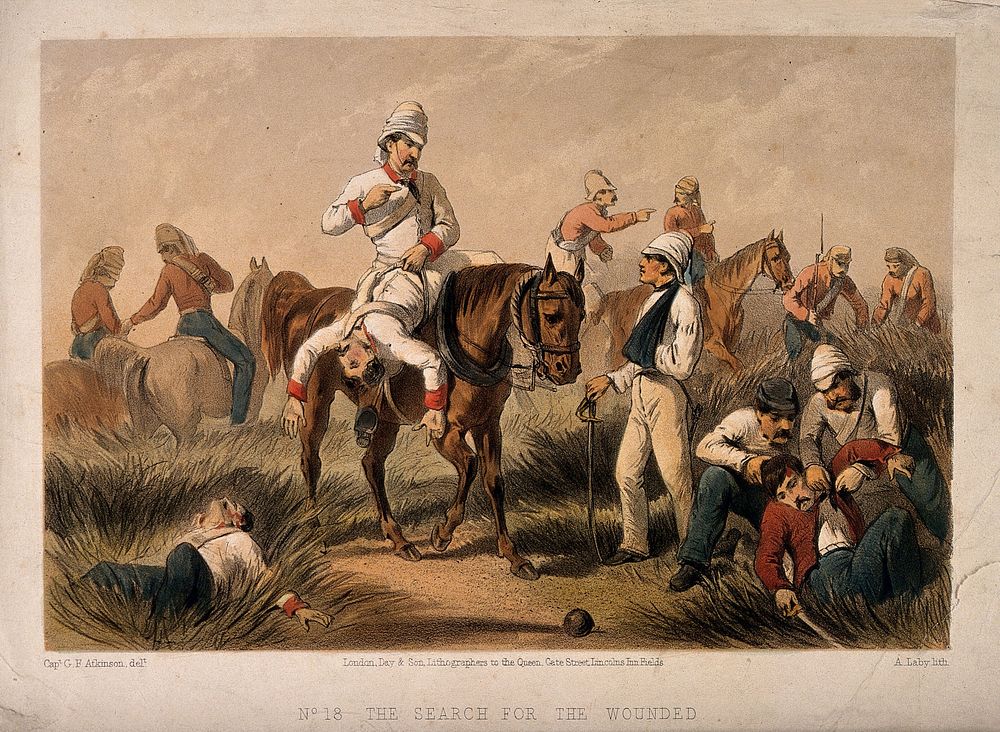 Indian Rebellion: ambulancemen and soldiers searching for and assisting the wounded. Coloured lithograph by A. Laby, 1859…