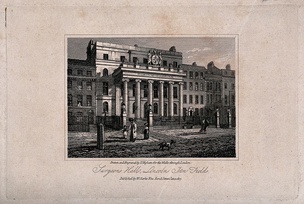 The Royal College of Surgeons, Lincoln's Inn Fields, London. Engraving by T. Higham after himself, 1816.