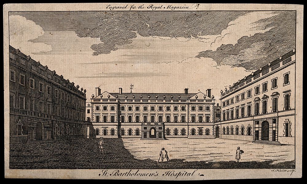 St Bartholomew's Hospital, London: the courtyard with three figures, one on crutches. Engraving by J. Hulett.
