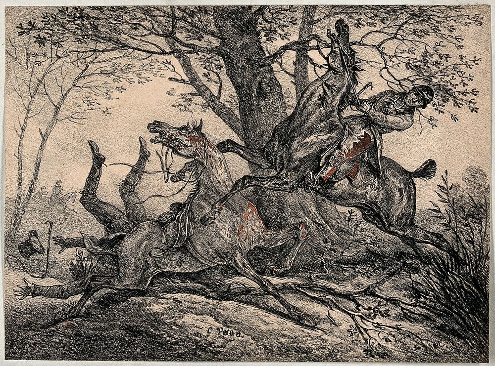 An accident in the countryside with two horses running into each other in front of a tree. Lithograph by A. C. Vernet.