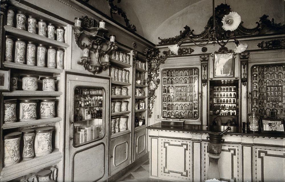 The ornate sixteenth-century pharmacy of S. Maria della Scala, Sorrento; left corner of interior showing decorated pharmacy…