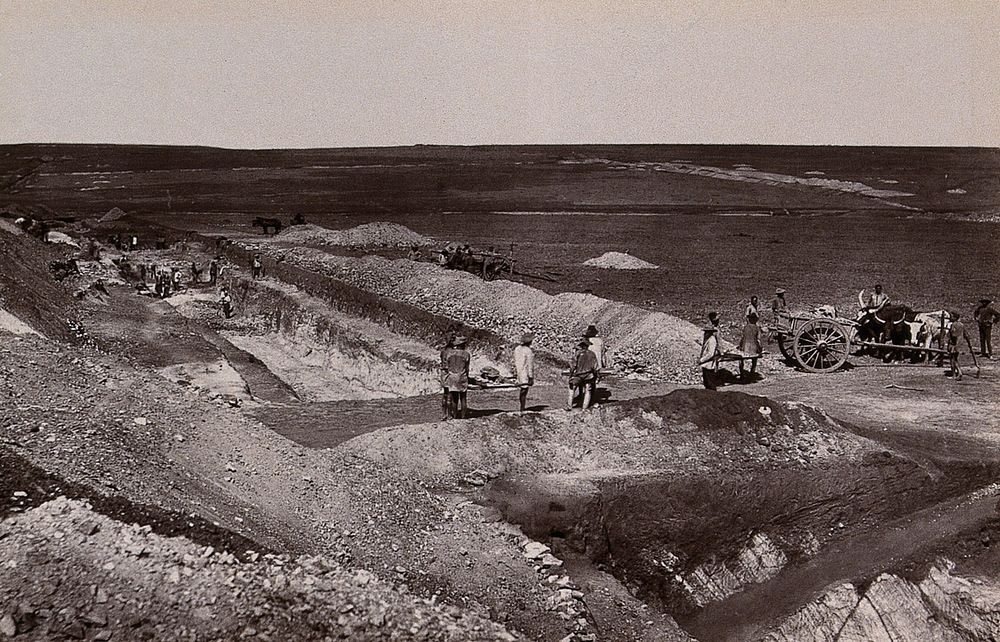 Transvaal, South Africa: main reef workings of the Witwatersrand mine. Woodburytype, 1888, after a photograph by Robert…